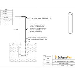 8” Bollard Cover - Stainless Steel, 9”x50”, Drawing