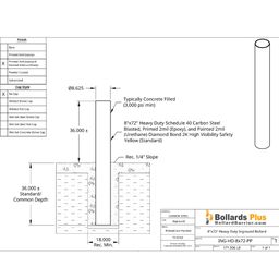 Heavy Duty Inground Bollard - 8"x72", Safety Yellow, Drawing