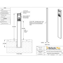 Rectangular Inground Sign Bollard - 12"x4"x108", Metallic SIlver, Drawing