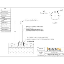 Decorative Pawn Bolt-Down Bollard - 4"x42", Gloss Black, Drawing
