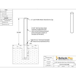 5" Bollard Cover - Stainless Steel, 6"x50", Drawing