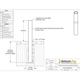 Extra Heavy Duty Inground Bollard - 8"x96" Bare Steel, Drawing