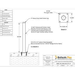 Heavy Duty Bolt-Down Bollard - 4"x48", Safety Yellow, Drawing