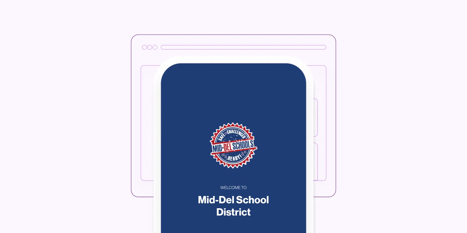 The blue Mid-Del school district app welcome screen with their logo and text of "Welcome to Mid-Del School District" on a pink background.