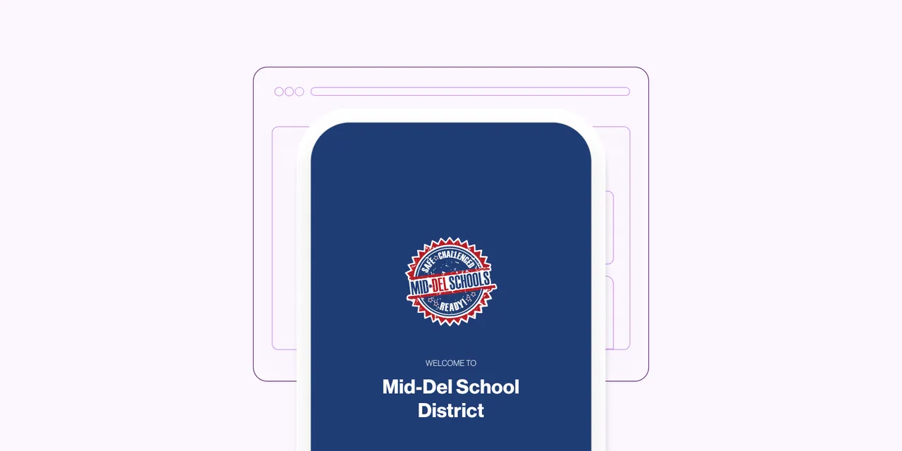 The blue Mid-Del school district app welcome screen with their logo and text of "Welcome to Mid-Del School District" on a pink background.