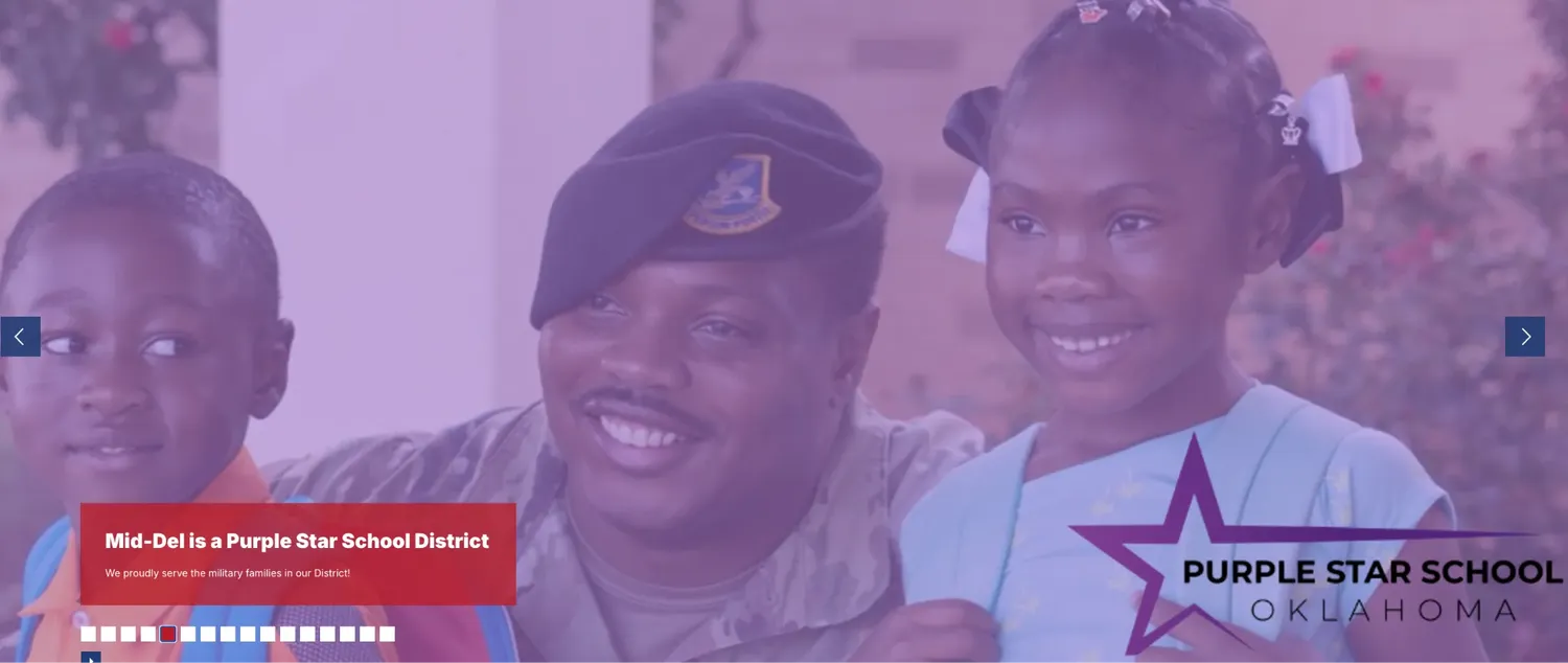 A picture of a smiling man in military uniform with two elementary-age kids, with the caption "Purple Stat School Oklahoma" and text identifying Mid-Del as a Purple Star School District.