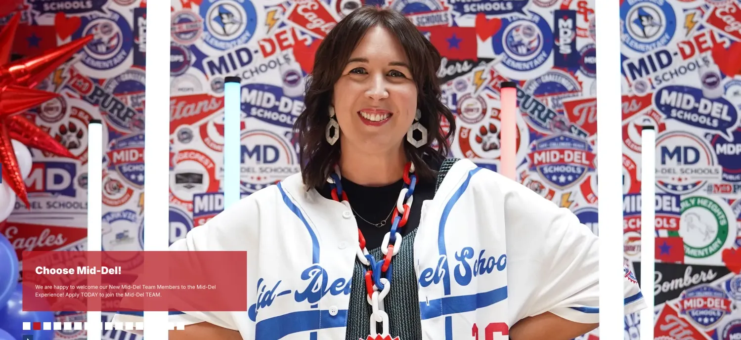 A smiling person in a Mid-Del Schools baseball jersey has a colorful background with Mid-Del logos and white text on a red background that prominently says "Choose Mid-Del""