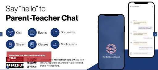 A screengrab from the Mid-Del website that shows a post reading "Say hello to Parent-Teacher Chat" alongside pictures of the Mid-Del mobile phone app. The post lists features of this parent-teacher chat service, such as chat, events, documents, stream, classes, and notifications.