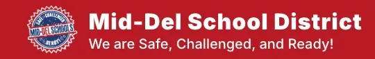 White text on a red background that says "Mid-Del School District. We are Safe, Challenged, and Ready!" alongside the Mid-Del Schools logo.