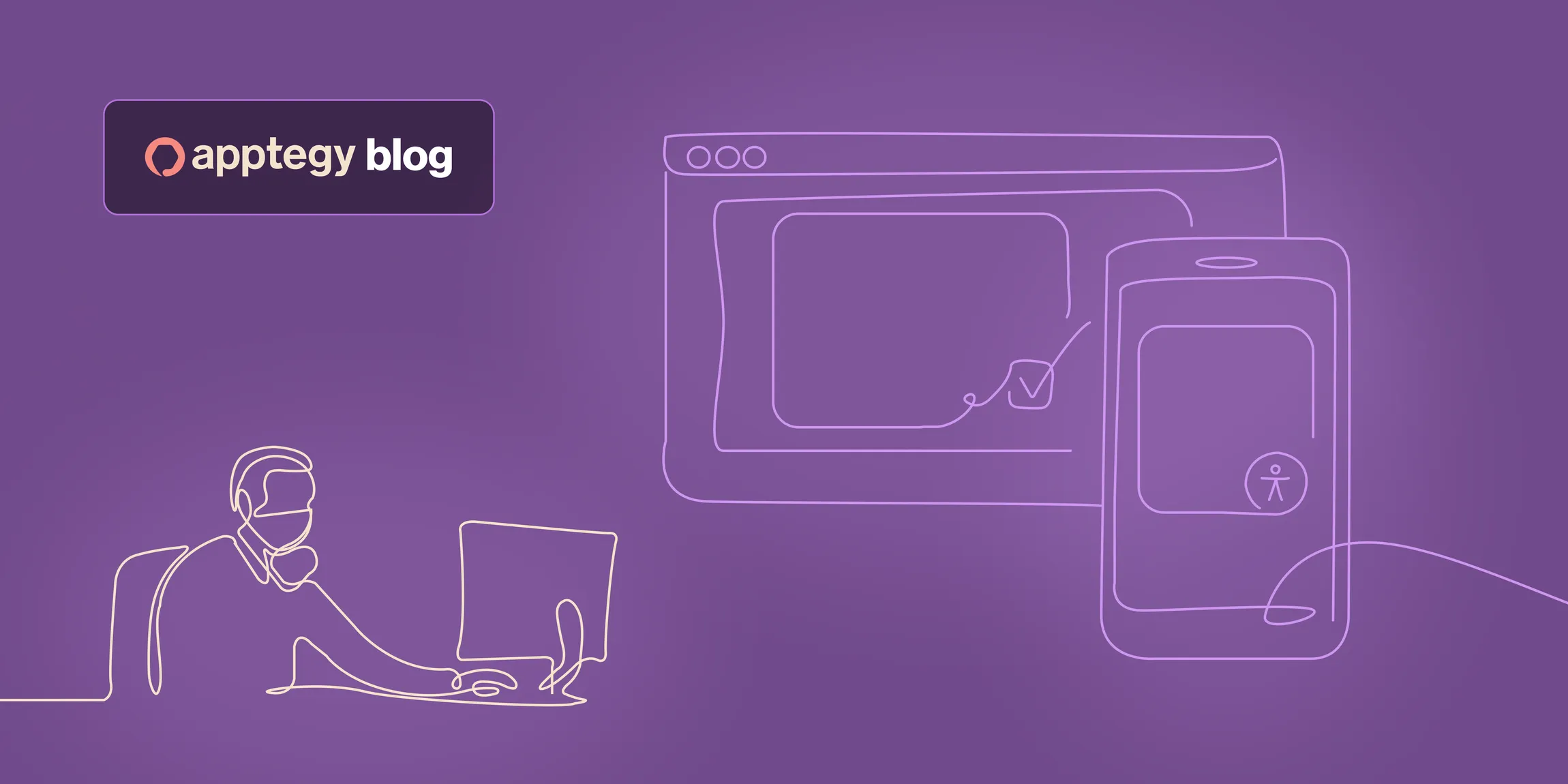A person working at a desk with a computer, alongside abstract outlines of a mobile phone and computer screen, on a purple background with "apptegy blog."