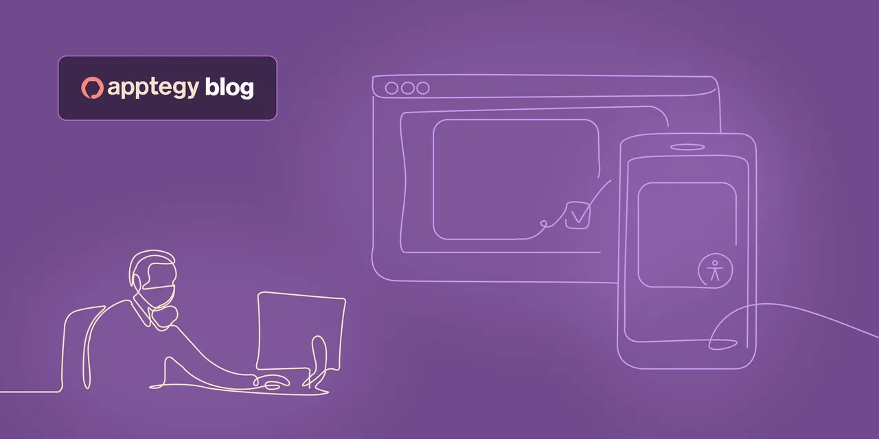 A person working at a desk with a computer, alongside abstract outlines of a mobile phone and computer screen, on a purple background with "apptegy blog."
