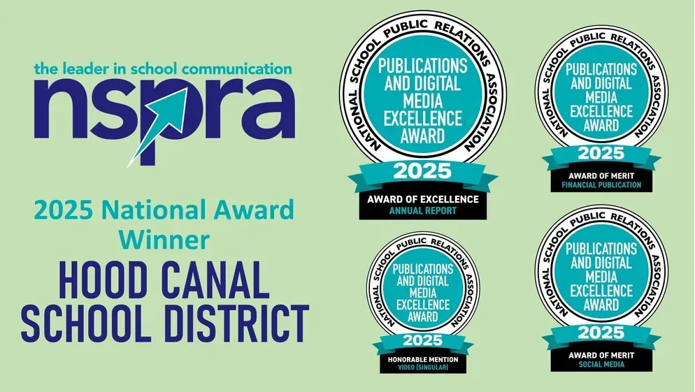 A graphic from NSPRA proclaiming Hood Canal School District a 2025 National Award Winner. Several individual awards are shown in the category of Publications and Digital Media Excellence.