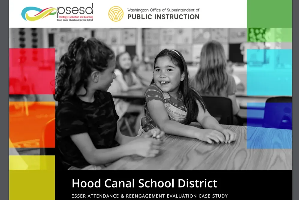 The cover of a document produced by the Washington Office of Superintendent of Public Instruction. The title is Hood Canal School District: ESSER Attendance & Reengagement Evaluation Case Study.