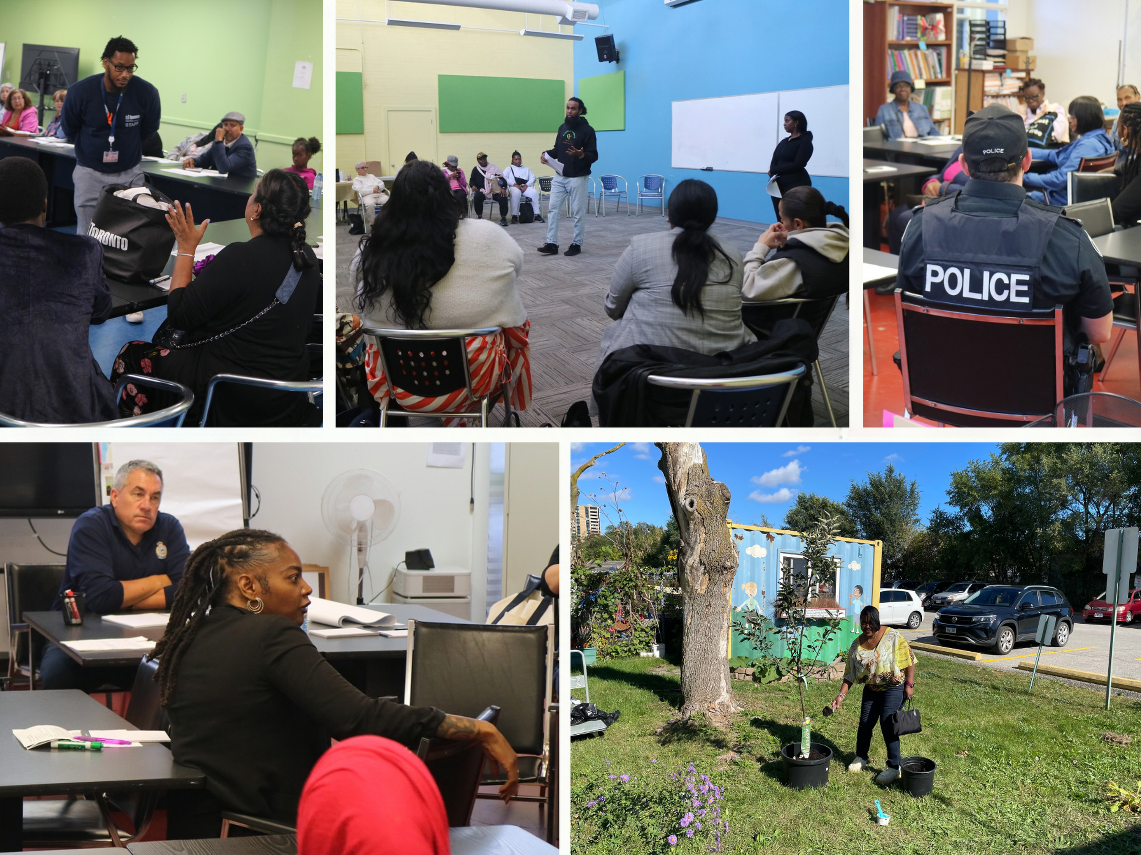 Collage of community meetings and outdoor gardening. Groups listen to speakers indoors, while one person tends to a garden outside in a sunny setting.