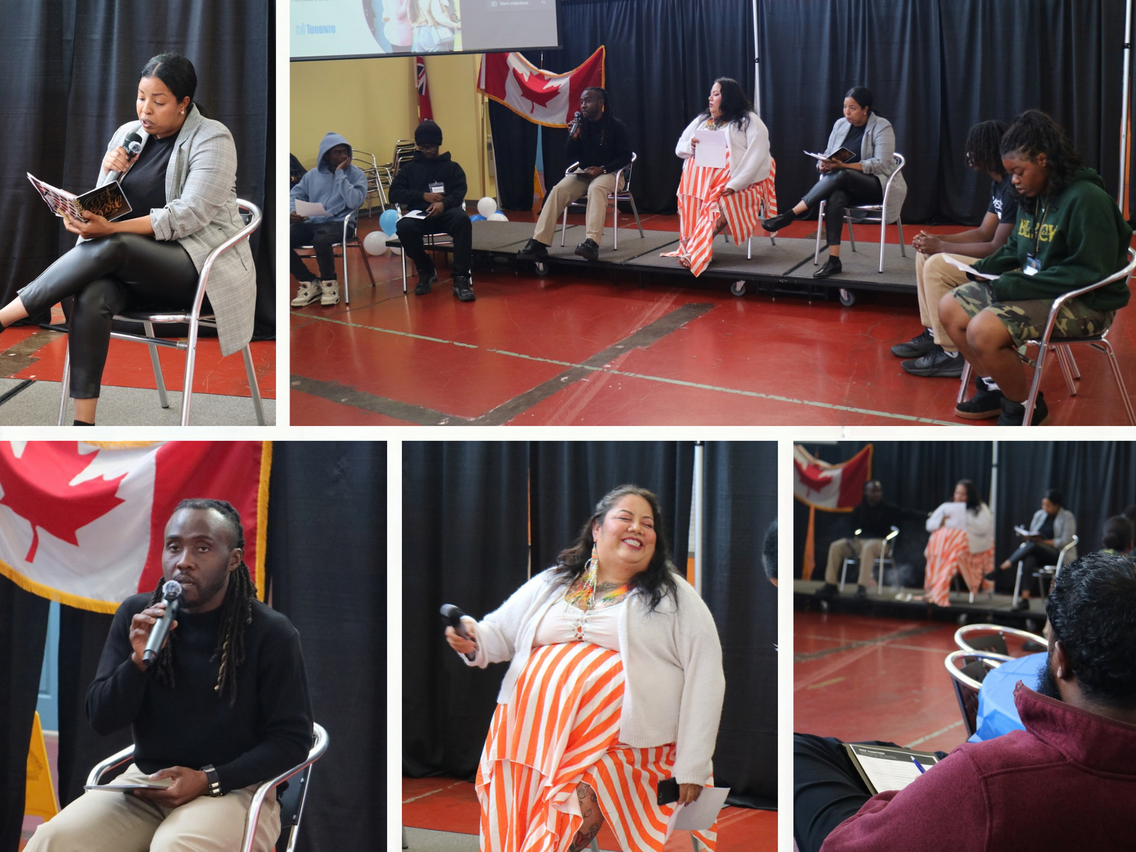 Panel discussion in a hall with diverse speakers seated on a stage. Audience members listen attentively. Canadian flags are displayed.