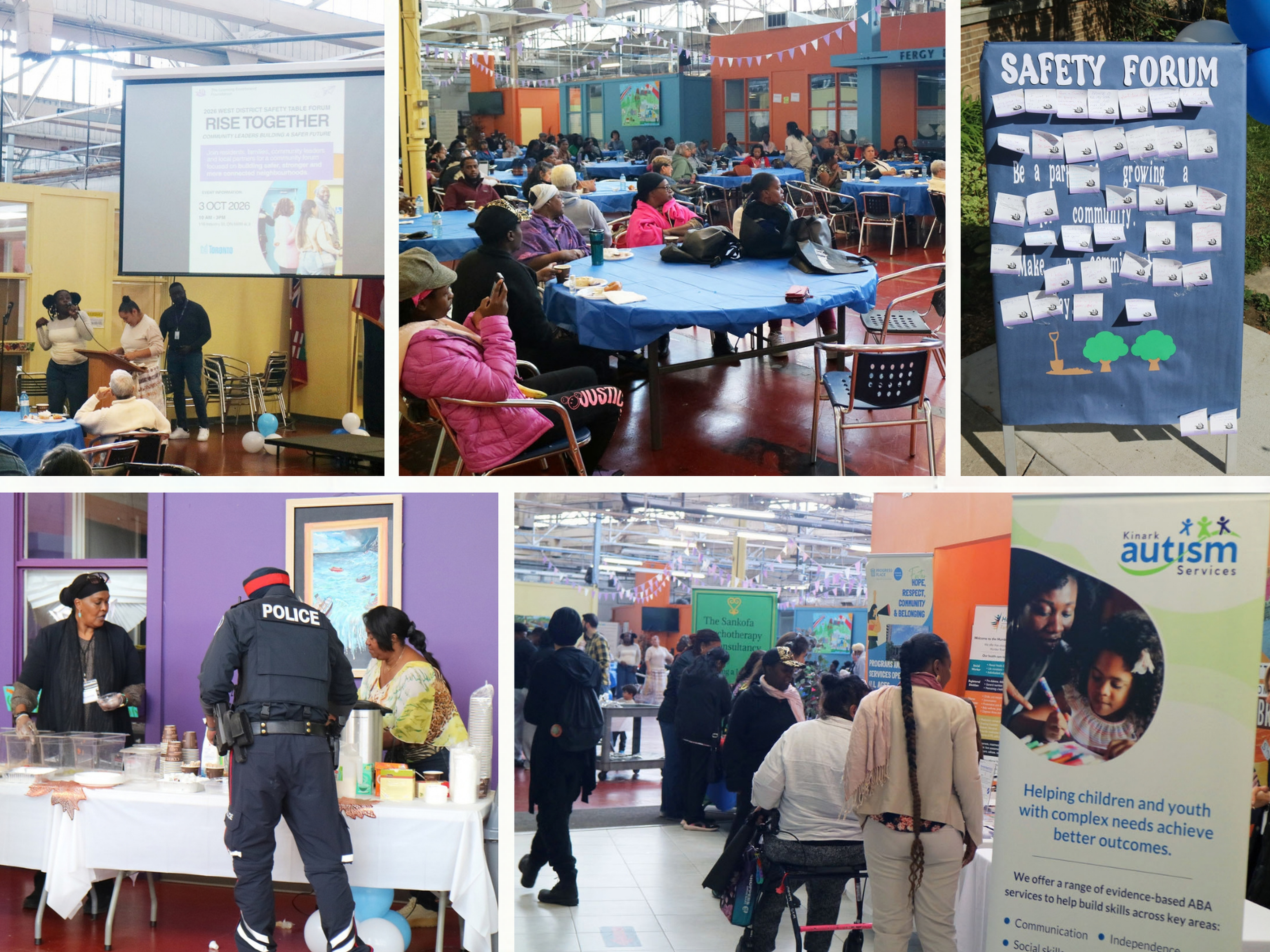 Community event with tables, a safety forum display, police presence, and autism support information in a large hall.