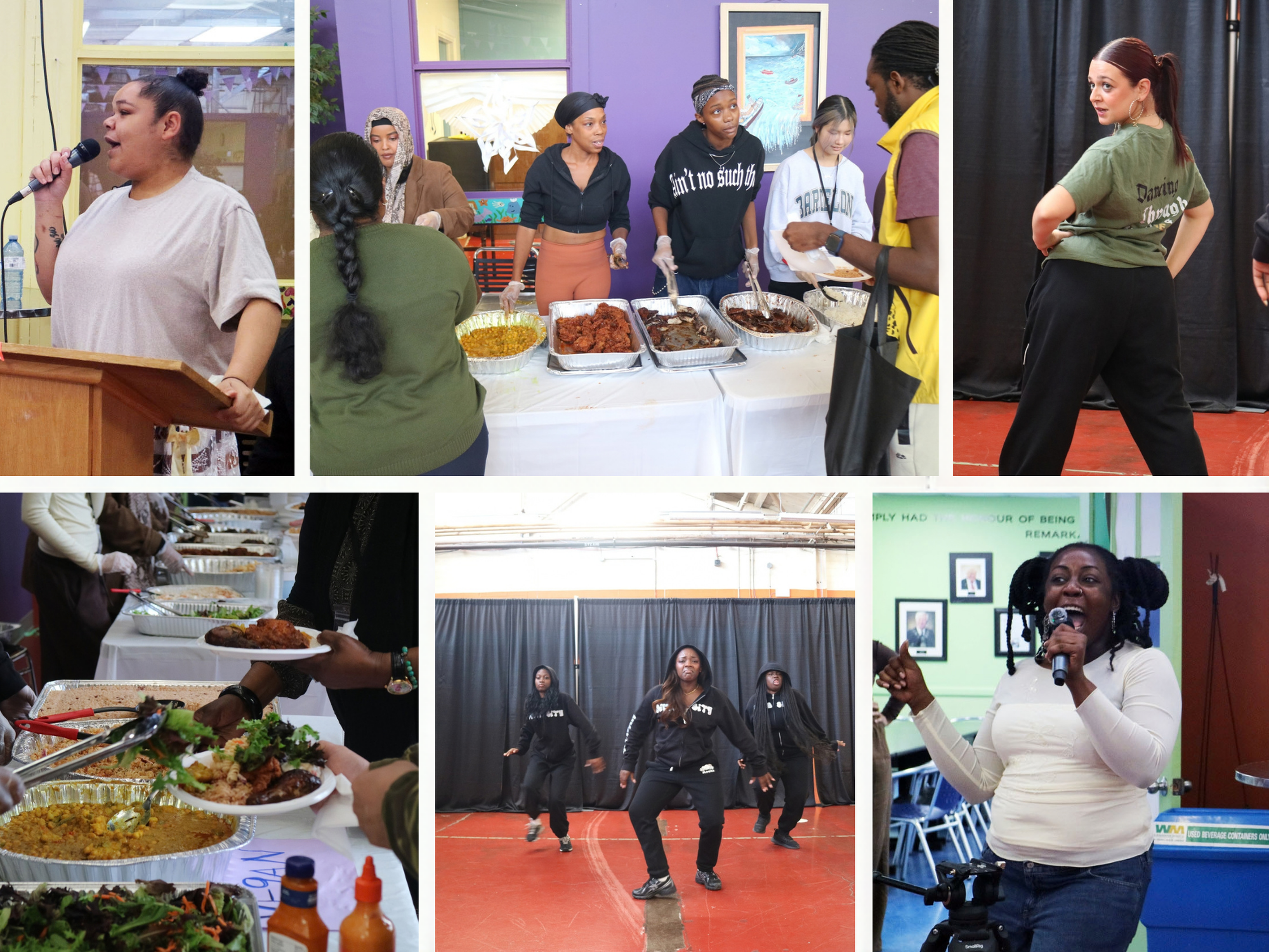 A collage of six images featuring a community event with singing, dancing, and food, including people serving dishes and performing on stage.