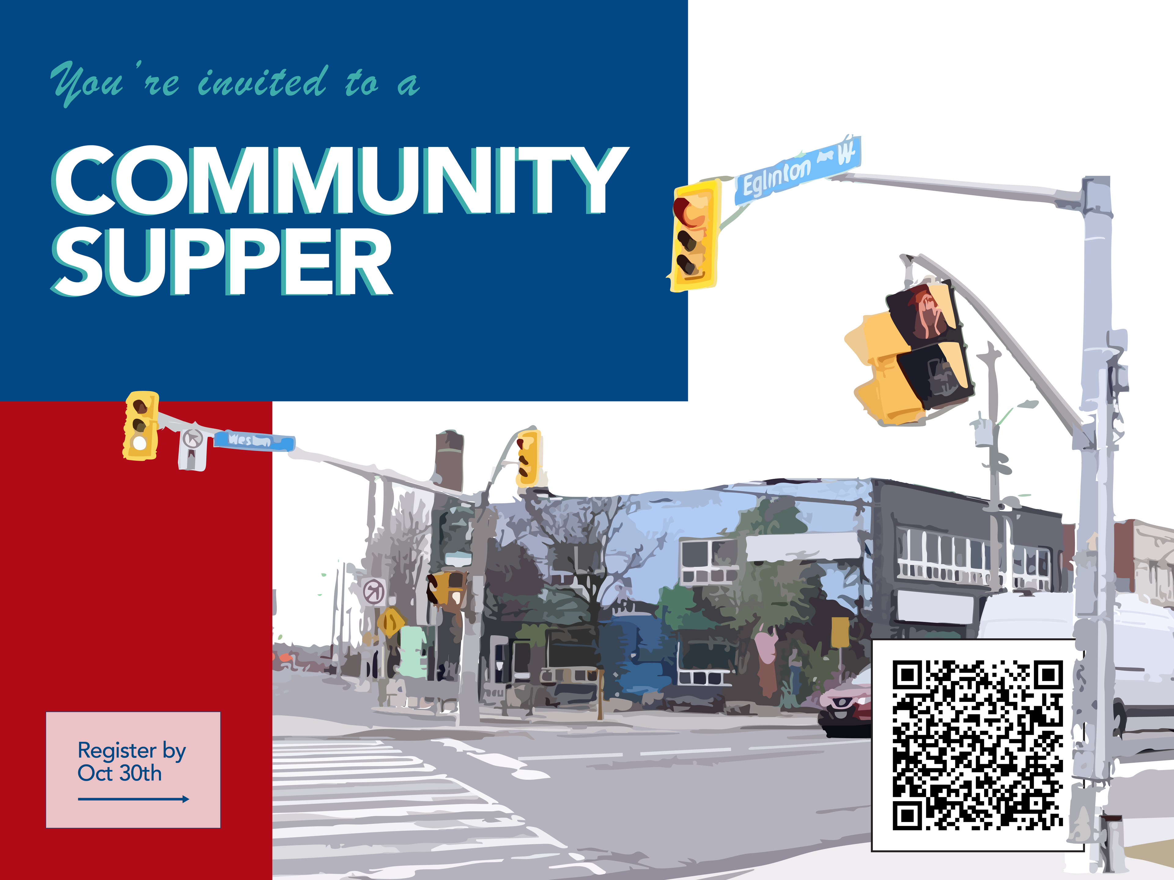 Illustrated invitation for a community supper at a street intersection, featuring street signs, traffic lights, and a QR code with registration by Oct 30th.