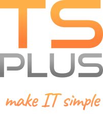 TSplus square logo with "Make IT simple" tagline - orange with grey