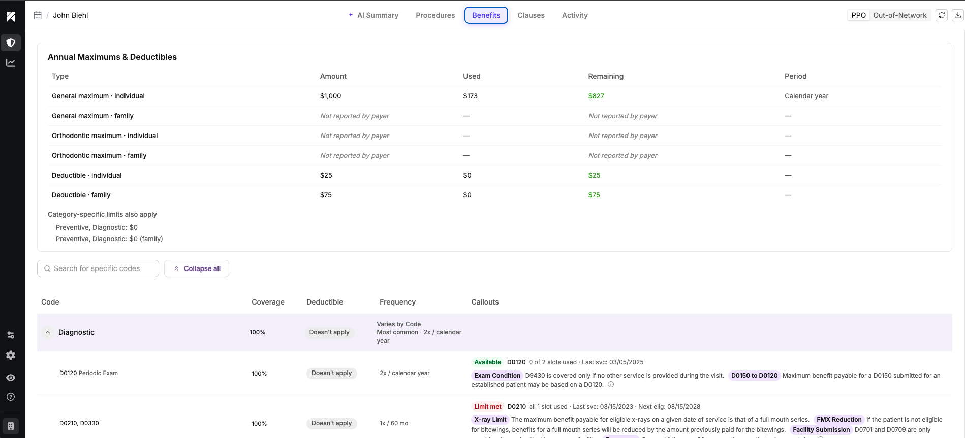 Overjet RCM benefits view showing general maximum and deductibles