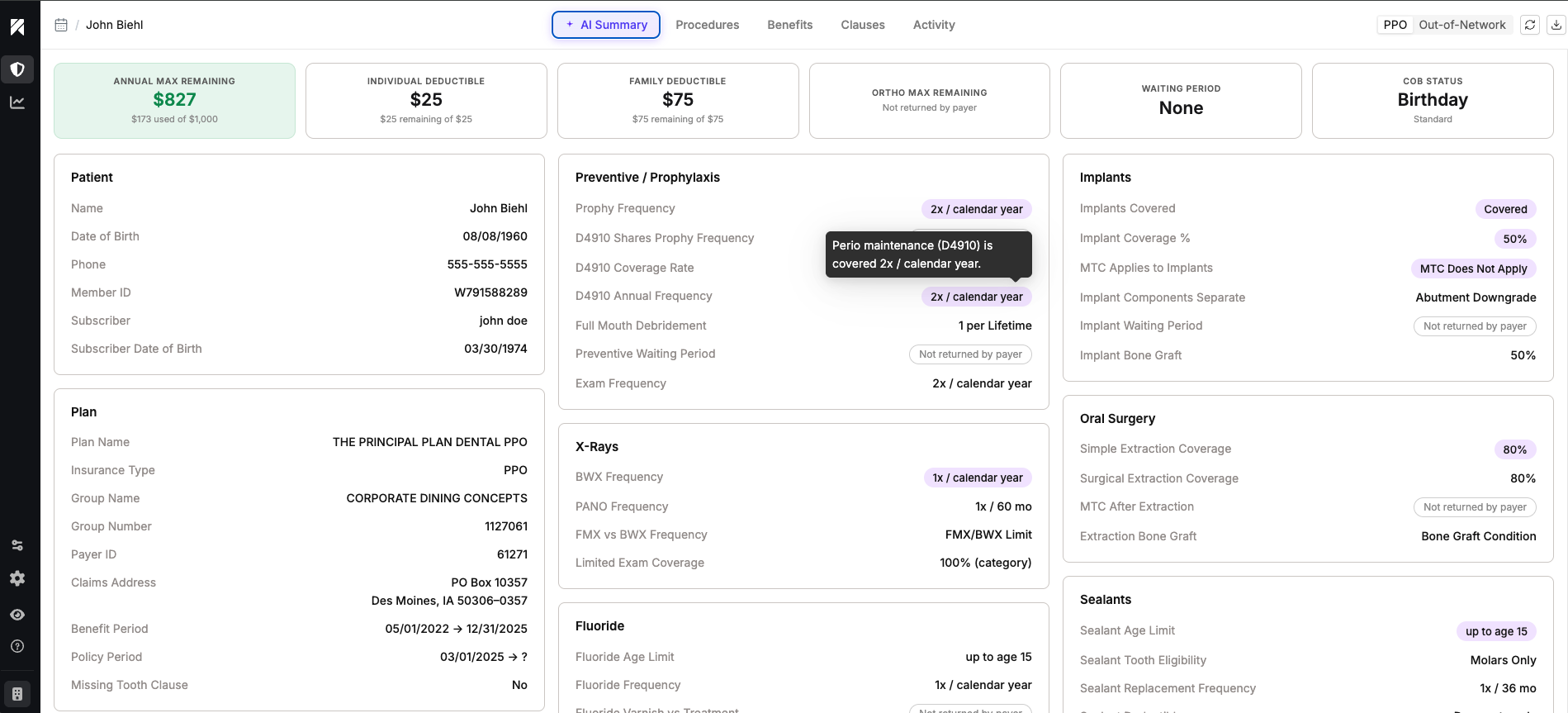 Overjet RCM plan summary showing coverage rules