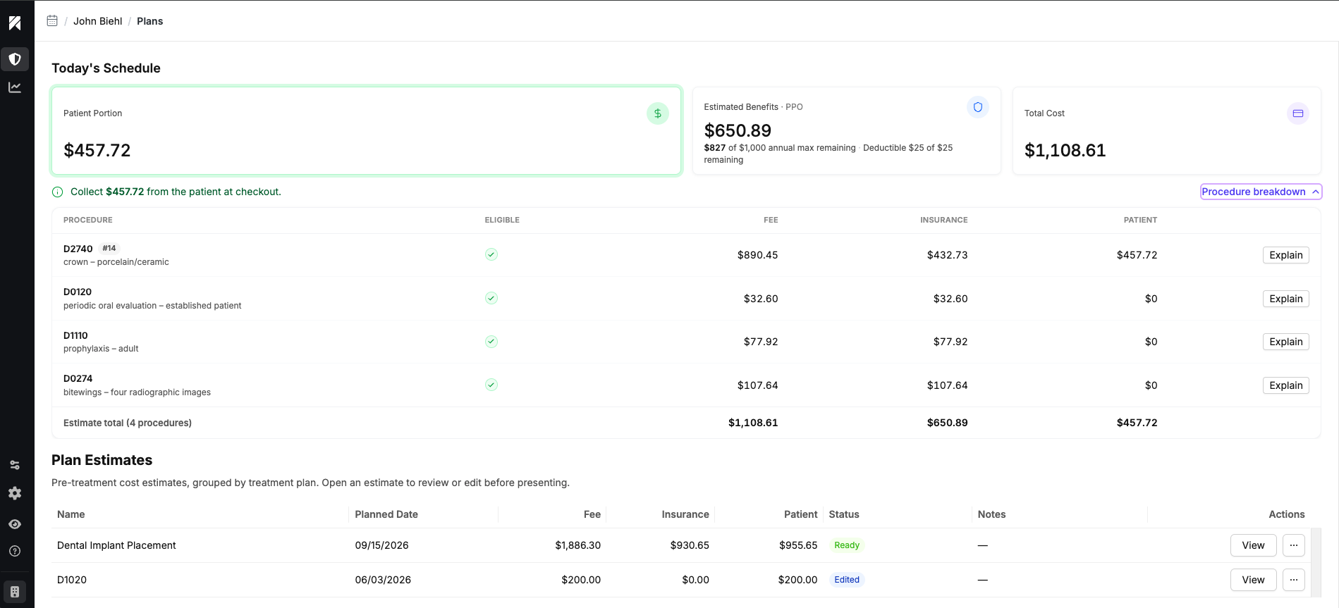 Overjet RCM estimate showing patient portion and insurance breakdown