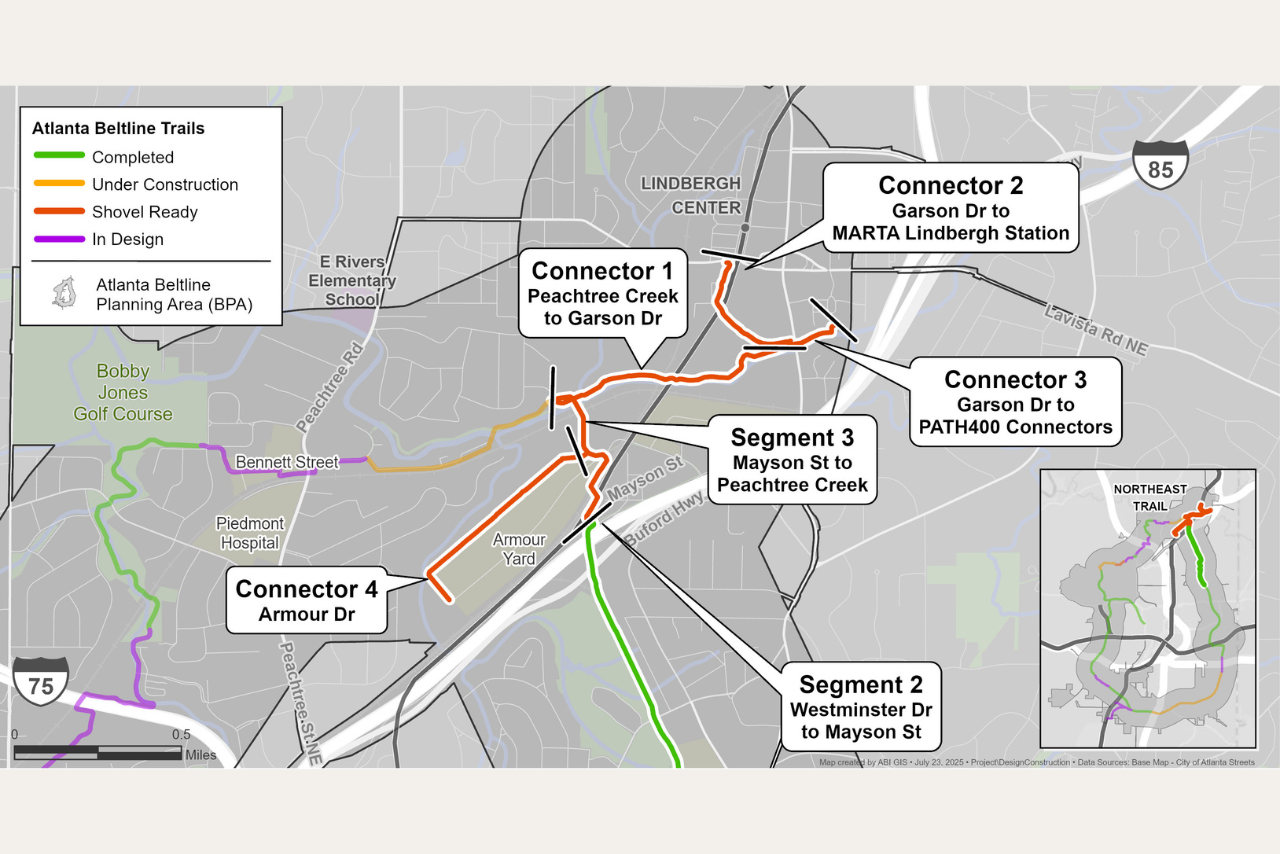 A map of Northeast Trail - Segment 3 will consist of 2.4-miles of mainline trail from Buford Highway to MARTA Lindbergh Station and four connector trails.