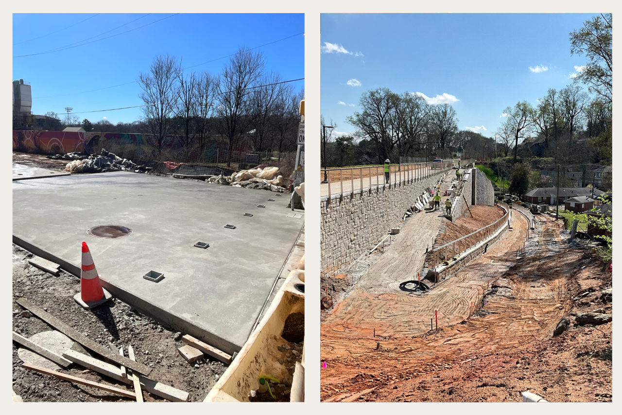 Pictured from left to right: Final trail concrete pour at Glenwood Plaza connection. Ormewood access ramp construction in final stages of work. (Photo Credit: ABI Staff)