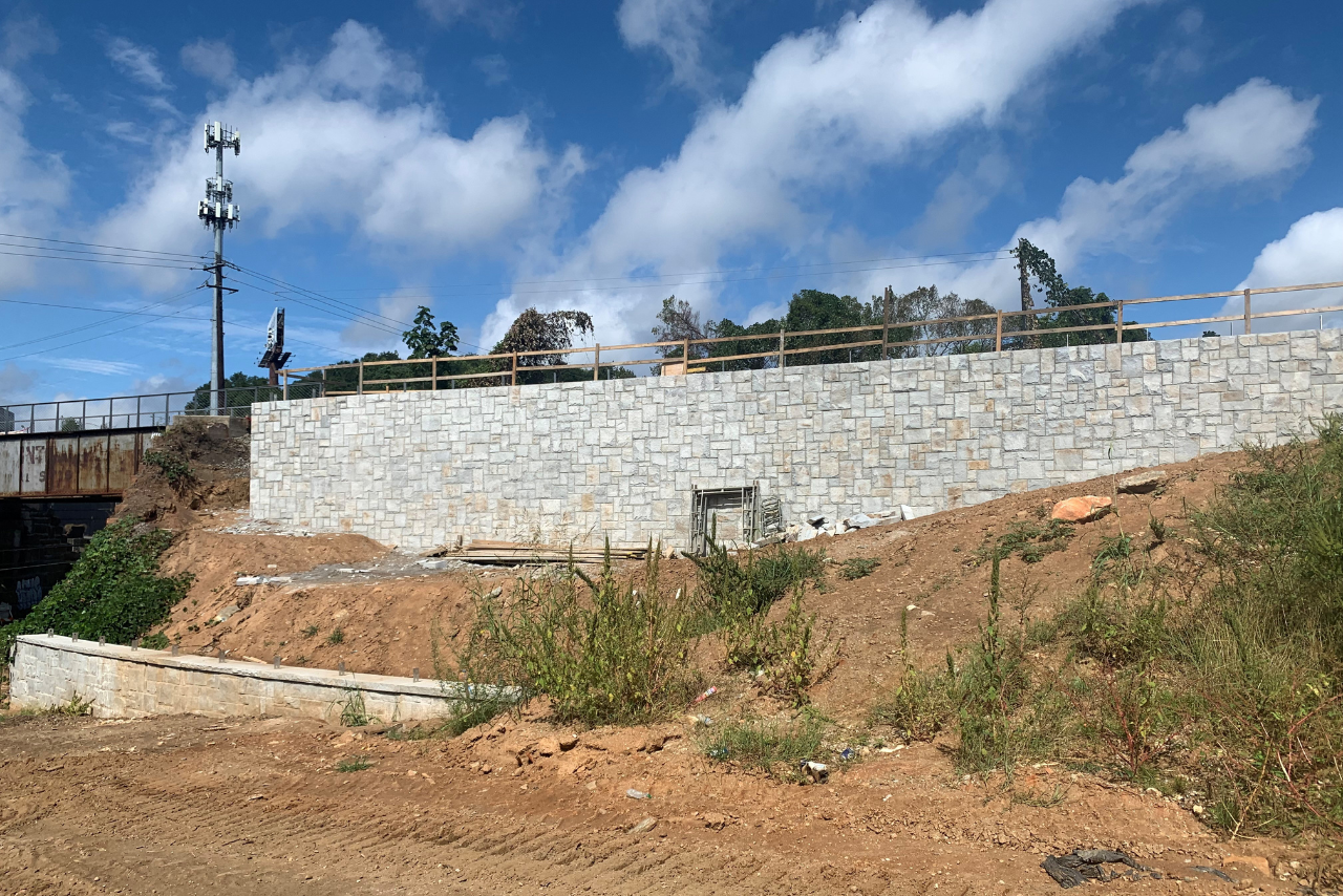 Gravity wall supporting trail slope near Pryor Road. (Photo Credit: ABI Staff)