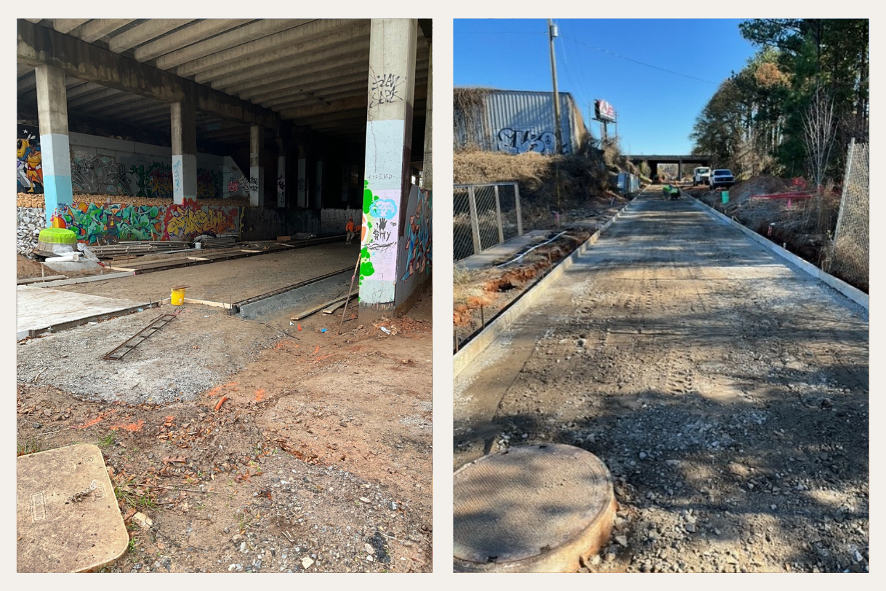 Pictured from left to right: Trail form work under I-75/I-85 overpass. Trail form work south of the I-75/I-85 overpass. (Photo Credit: ABI Staff)