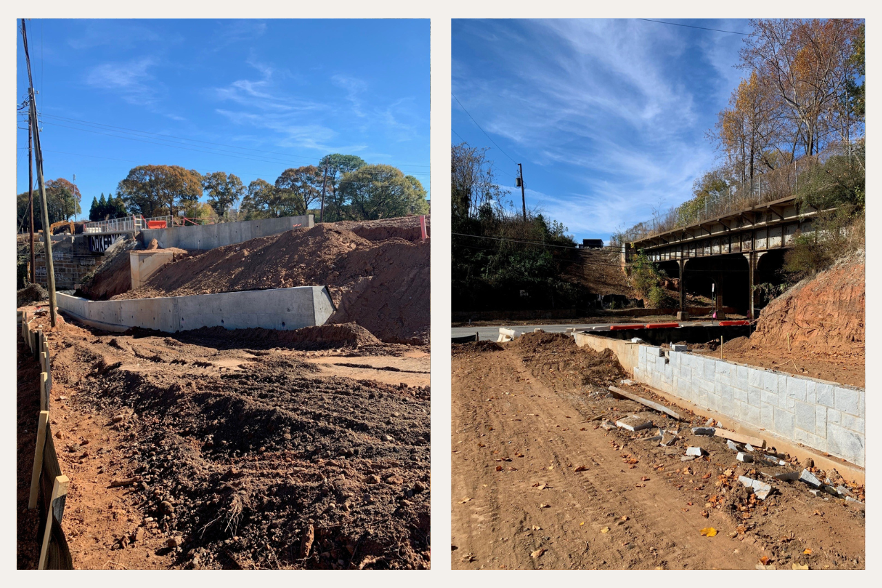 From left to right: Retaining walls with granite cladding in progress at Hill Street Ramp. Retaining walls under way at Pryor Road Bridge. (Photo Credit: ABI Staff)