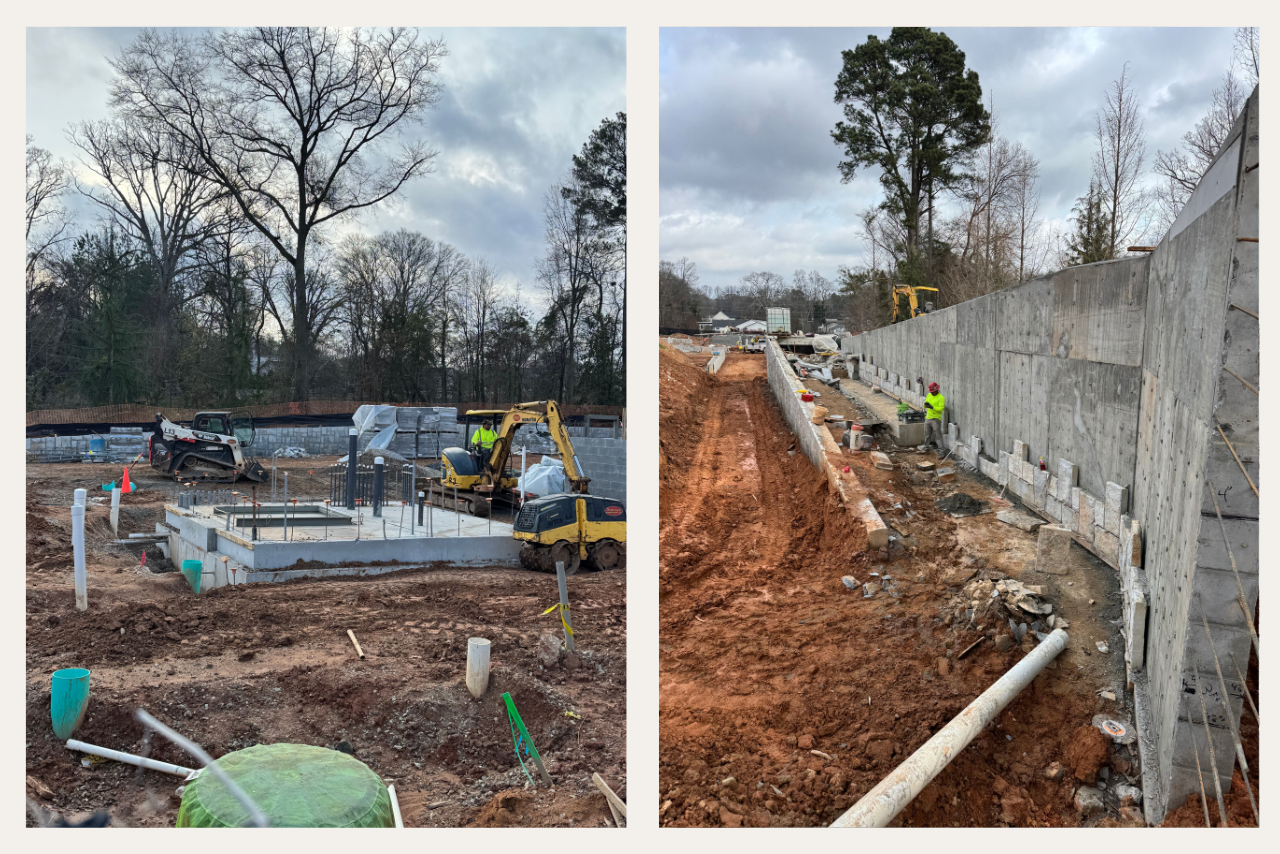 Pictured from left to right: Building foundation with utility work underway. Retaining wall cladding with granite in progress. (Photo Credit: ABI Staff)