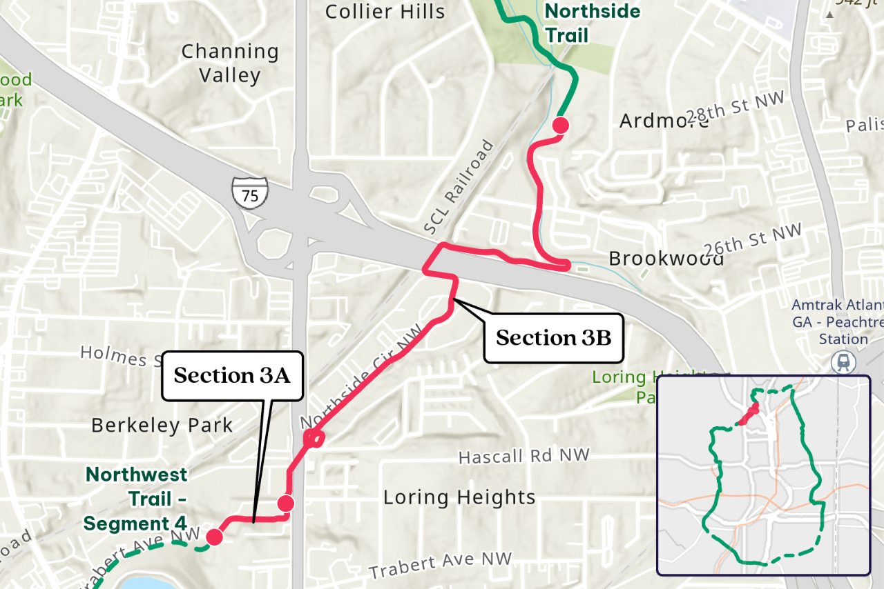 A map of the Northwest Trail - Section, the 1.2-mile section of trail begins at Trabert Avenue near Monday Night Brewing and ends after crossing under I-75 at Tanyard Creek. (Photo Credit: Atlanta Beltline, Inc.)