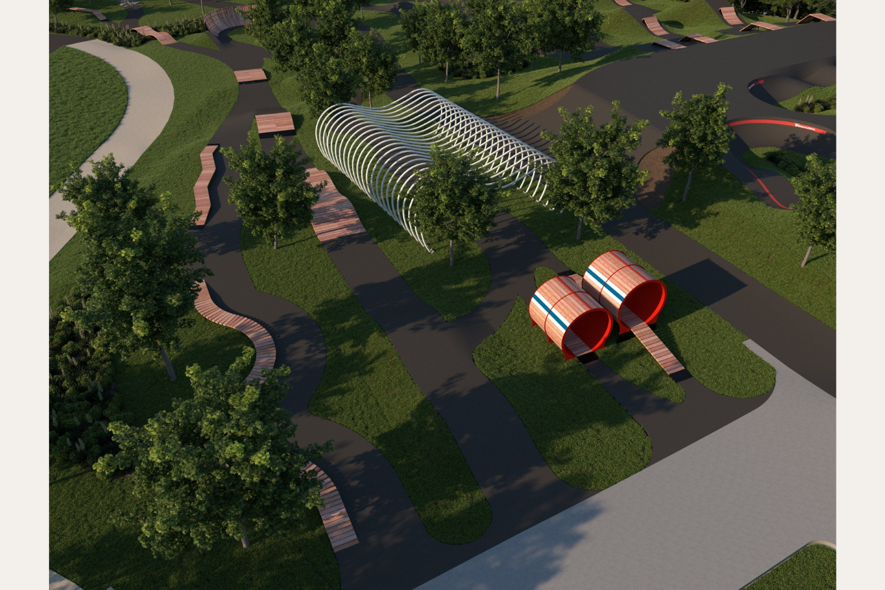 A rendering of the bicycle playground, which offers a variety of low-risk features such as balance beams, small rollers, and gentle turns.