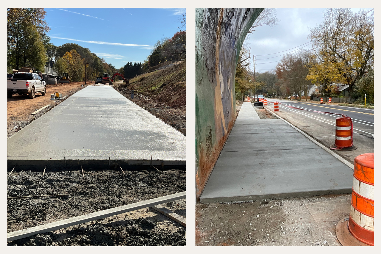 From left to right: Trail concrete installation significantly complete. New sidwalks at Ormewood Bridge. (Photo Credit: ABI Staff)