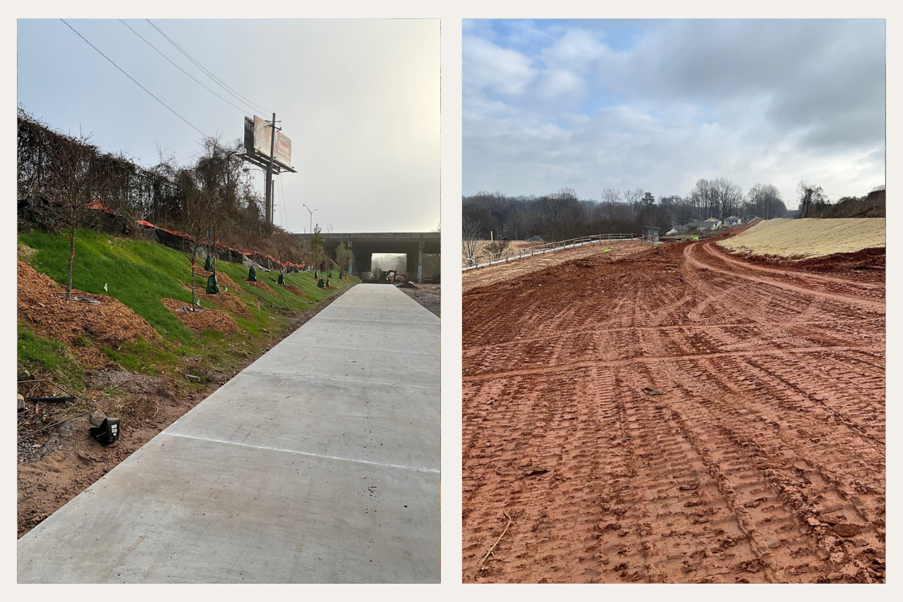 Pictured from left to right: Landscaping in progress at West side of I 75/85. Rough grading for trail alignment at D.H. Stanton Park. (Photo Credit: ABI Staff)