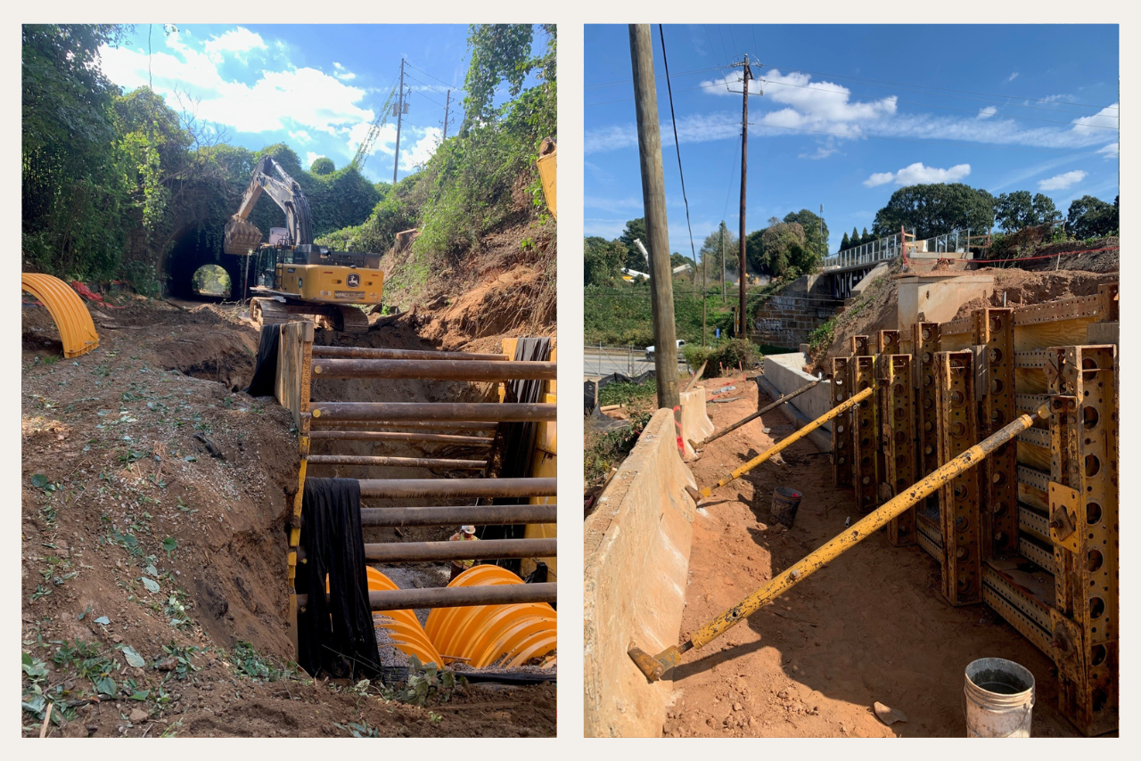 Pictured from left to right: Pond under construction east of the McDonough Tunnel. Access point walls under construction near Pryor Road. (Photo Credit: ABI Staff)