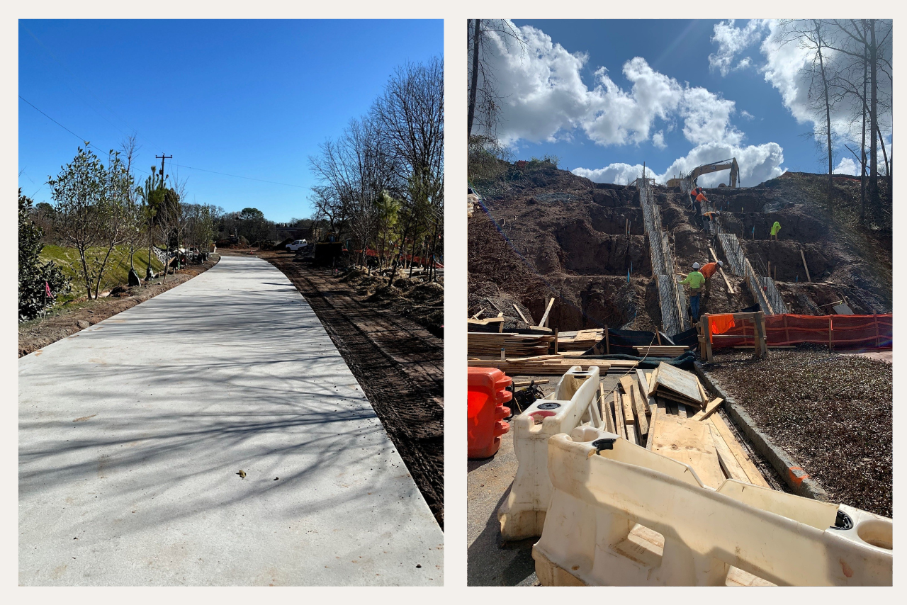 Pictured from left to right: Trail concrete completed with landscaping looking east from I-75/I-85 overpass. Grant Street stair access point. (Photo Credit: ABI Staff)