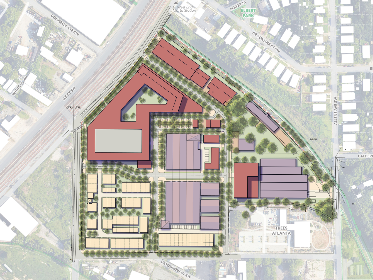 Aerial site plan of a triangular mixed-use development showing buildings, tree-lined streets and nearby rail tracks and trails.