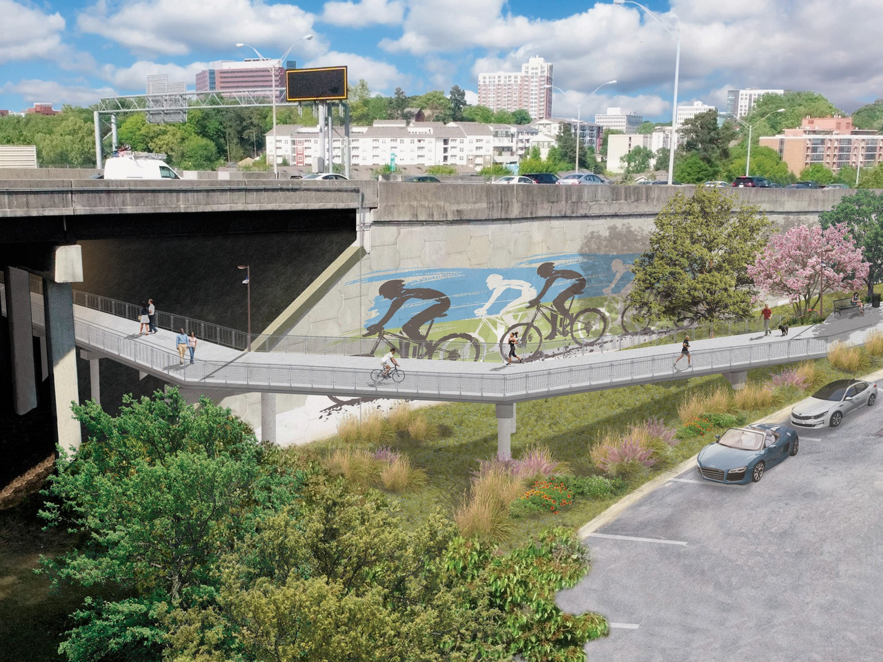 A rendering shows a future Beltline segment going under a busy interstate overpass.