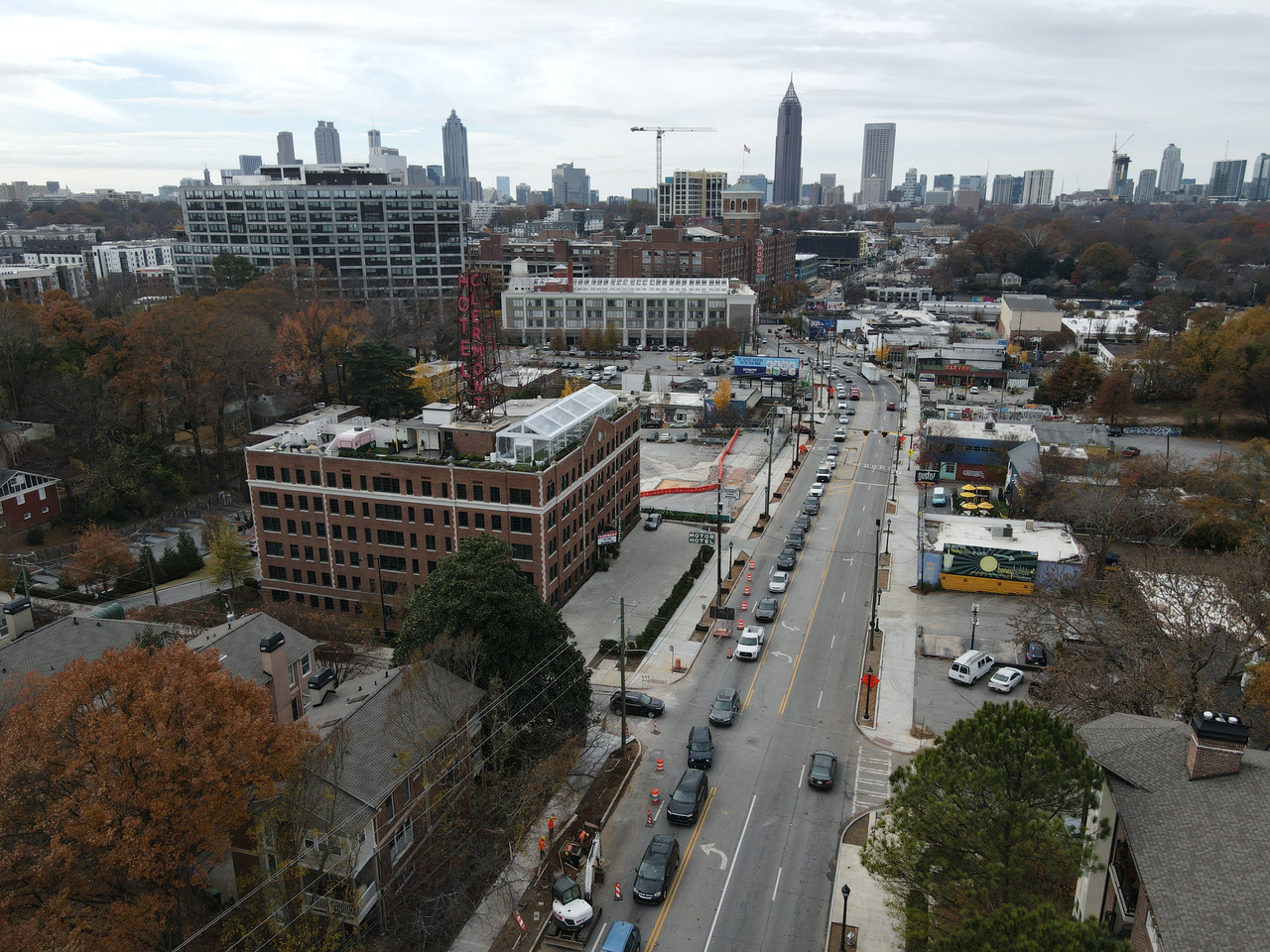 Ponce de Leon Ave. streetscape with Atlanta skyline in the background