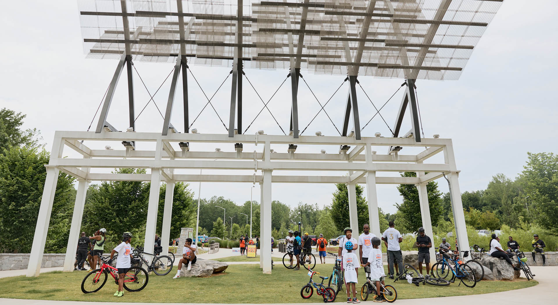 A large sculpture titled "The Birth of Atlanta" stands in Shirley Clarke Franklin Park. (Photo Credit: Erin Sintos)