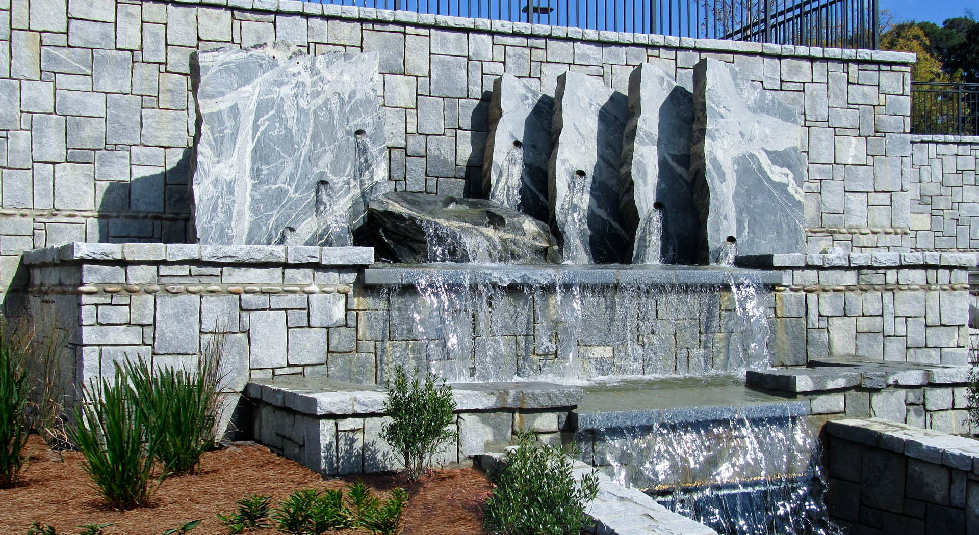 Waterfall sculpture made out of granite slabs.