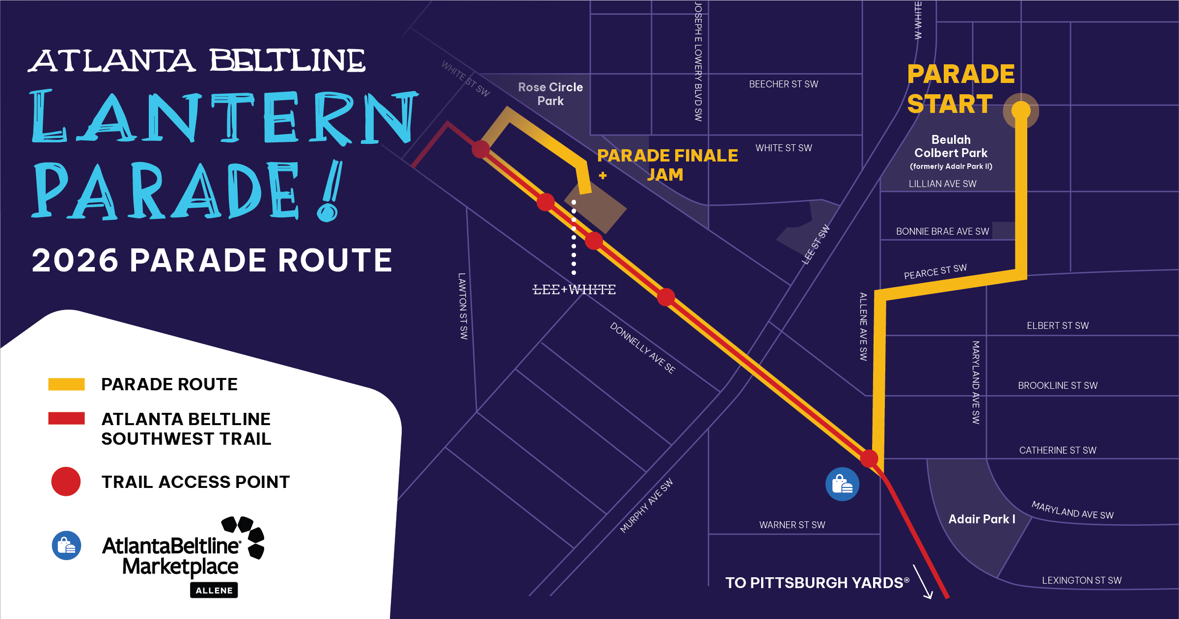 Map showing the 2026 Atlanta Beltline Lantern Parade route from Beulah Colbert Park to Lee+White, with points of interest and trail access.