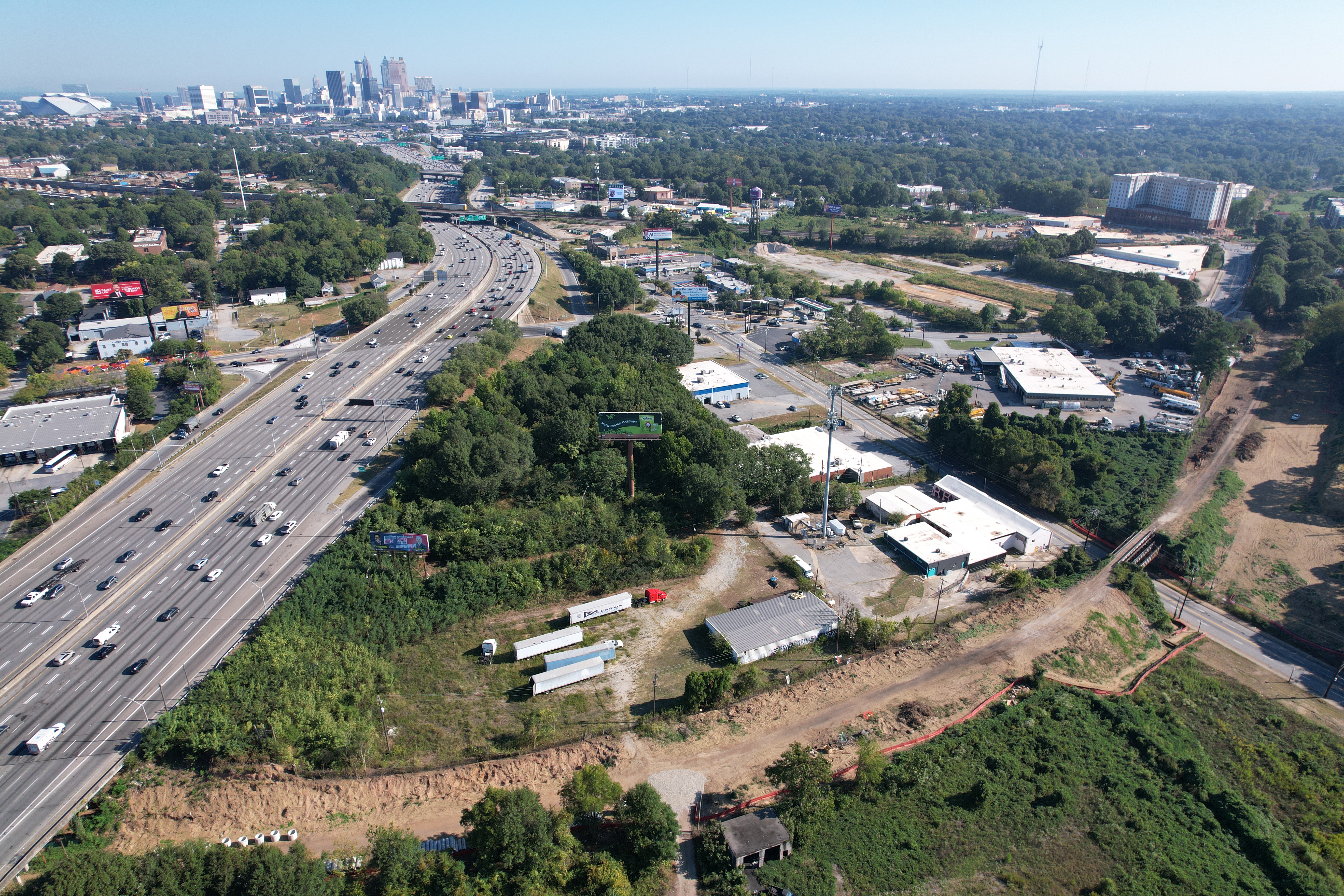 Aerial view of construction on the Southside Trail - Segments 2 and 3 of the Atlanta BeltLine, stretching from Pittsburgh Yards® in southwest Atlanta to Boulevard in southeast Atlanta, passing under the Downtown Connector.