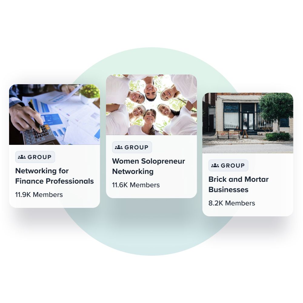 Networking groups cards on Alignable with their respective topics and number of members.