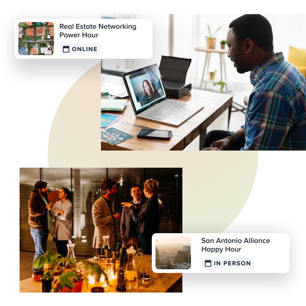 Visual depiction of a man engaging in a one-on-one meeting with an Alignable user on his laptop during the Real Estate Networking Power Hour. Below, a scene captures the San Antonio Alliance Happy Hour with five business owners networking in a room.
