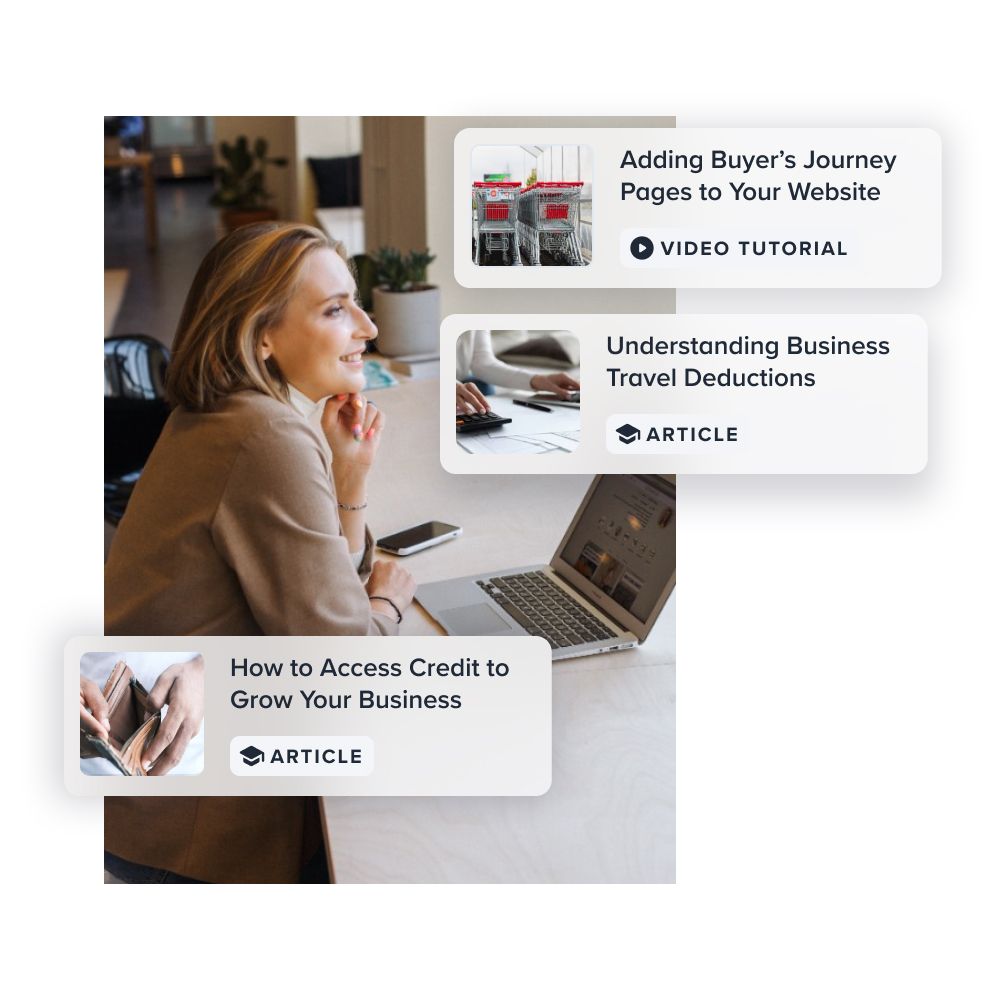Business owner on her laptop with graphics illustrating various articles and videos covering essential business topics on Alignable.
