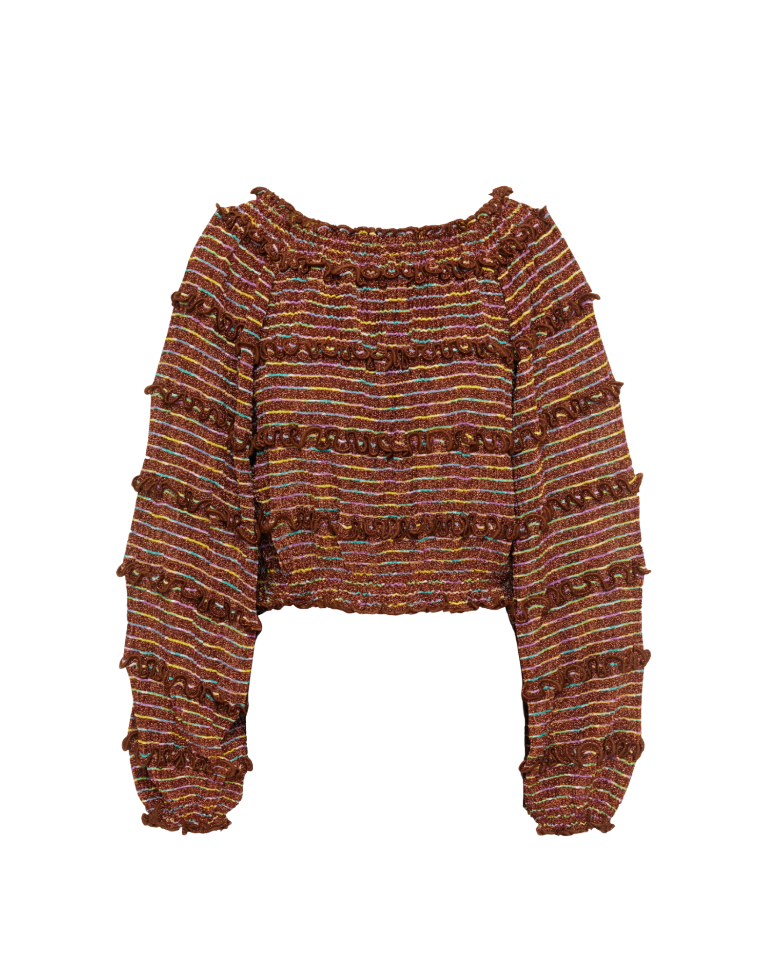 Ruffle-trimmed metallic striped knitted sweater