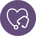 purple icon of a heart made out of a stethoscope